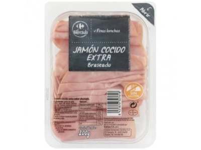 Jamón Cocido Extra Braseado en finas lonchas Carrefour El Mercado sin gluten 200 g