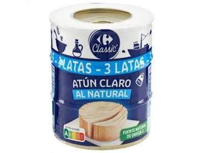 Atún claro al natural Classic Carrefour pack de 3 latas de 112 g.
