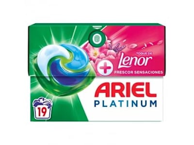 Detergente en cápsulas +toque de Lenor Ariel Platinum 19 lavados.