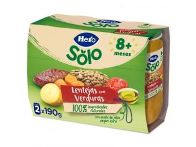 Tarrito de lentejas con verduras desde 8 meses recetas caseras Hero Baby sin gluten pack de 2 unidades de 190 g.