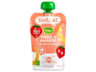 Postre lácteo infantil con puré de fresa y plátano Smileat bolsa 100 g