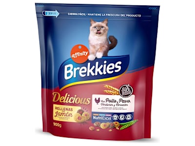 Alimento para gatos con pollo y pavo rellenas de jamón Brekkies Delicious bolsa 900 g