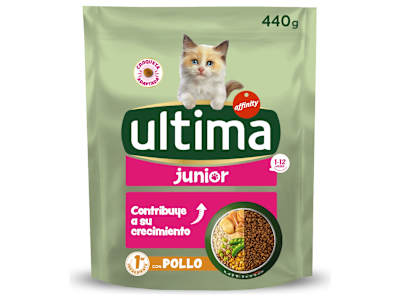 Alimento para gatos junior rico en pollo y arroz Ultima bolsa 440 g