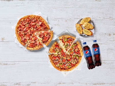 50% en 2 Pizzas medianas (esp) + 1 Pan de ajo (4 uds) + 2 bebidas 50cl