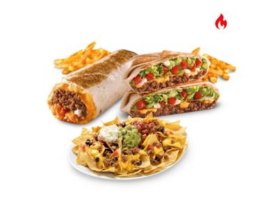 Para 2: Quesarito y Crunchywrap con Nachos con carne y queso ó pollo picante