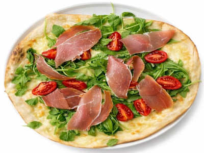 Focaccia con Stracchino, Prosciutto Crudo pomodorini e Rucola